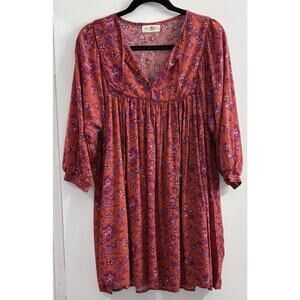 Natural‎ Life Small Floral Rose Mini 3/4 Sleeve Swing Dress Peasant V Neck Pink